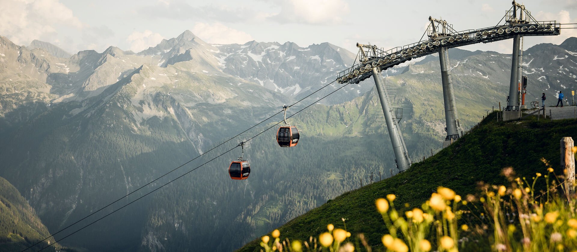 Gondeln am Stubnerkogel mit Bergstation, Almwiese und Blick auf die Hohe Tauern in Bad Gastein.