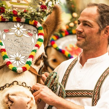 Mann in Tracht mit Pferd, welches einen Kopfschmuck trägt