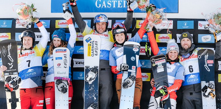Siegerehrung beim Snowboard Weltcup Teambewerb in Bad Gastein 2017
